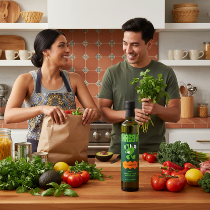 Man and woman in a kitchen with a bottle of HASSY Avocado Oil, surrounded by fresh vegetables.