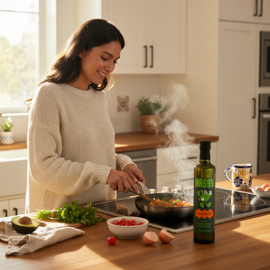 Cozy_girl_Cooking_Hassy_Avocado_oil Healthy home-cooked meal