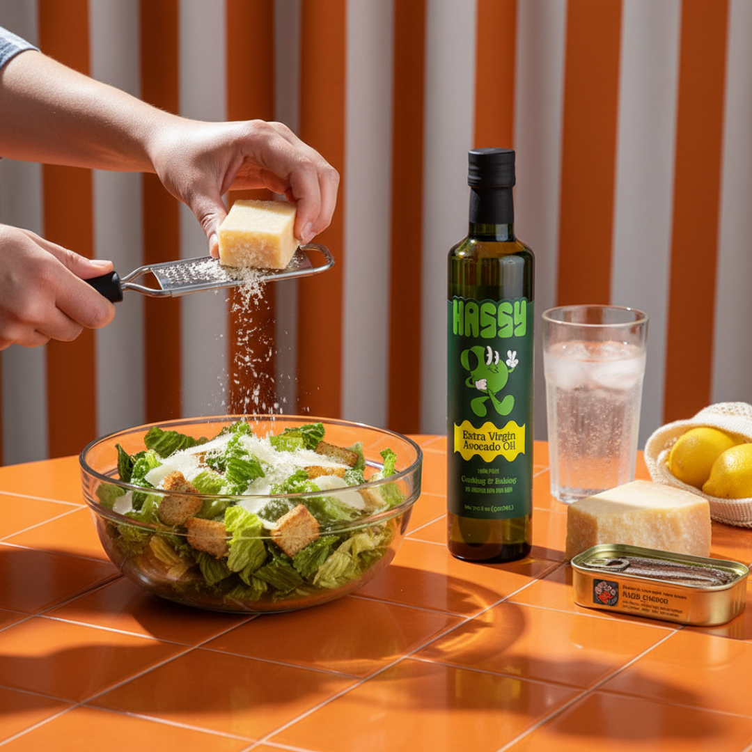 Person grating cheese over a salad with Hassy avocado oil bottle on a tiled surface.